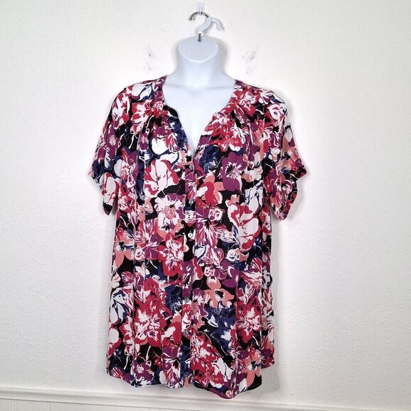 Roamans Floral Tunic Blouse Sz 18W Button Down Colorful Whimsigoth Boho Beach - Picture 1 of 14